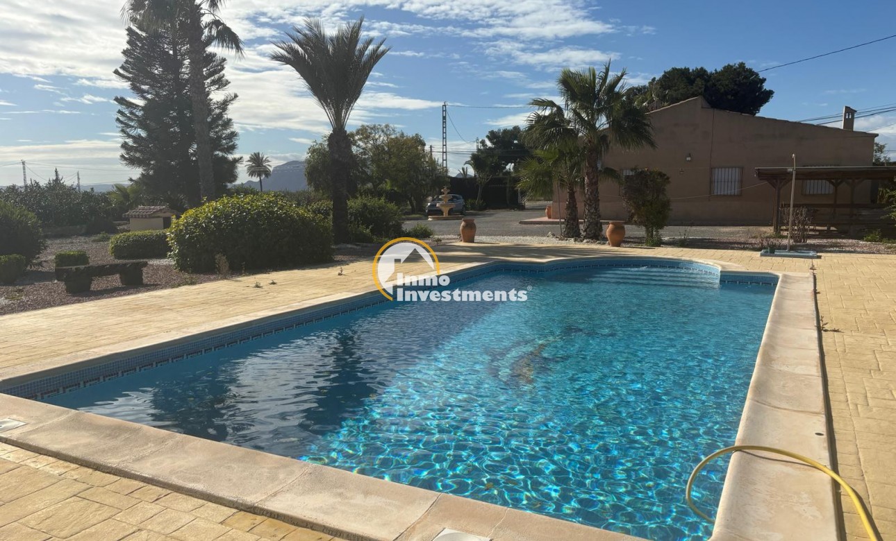 Private swimming pool and paved sun terrace at detached villa in Albatera, Spain, with palms and countryside views