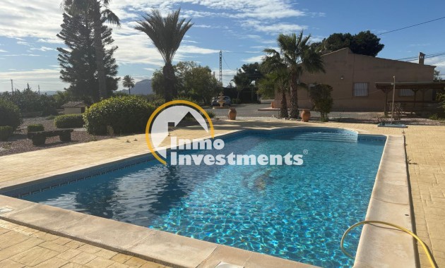 Private swimming pool and paved sun terrace at detached villa in Albatera, Spain, with palms and countryside views