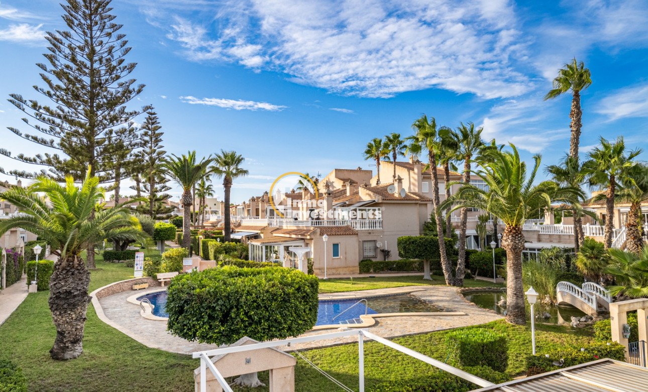 Complejo de apartamentos dúplex en Playa Flamenca con piscina comunitaria, jardines ajardinados y palmeras bajo cielos azules